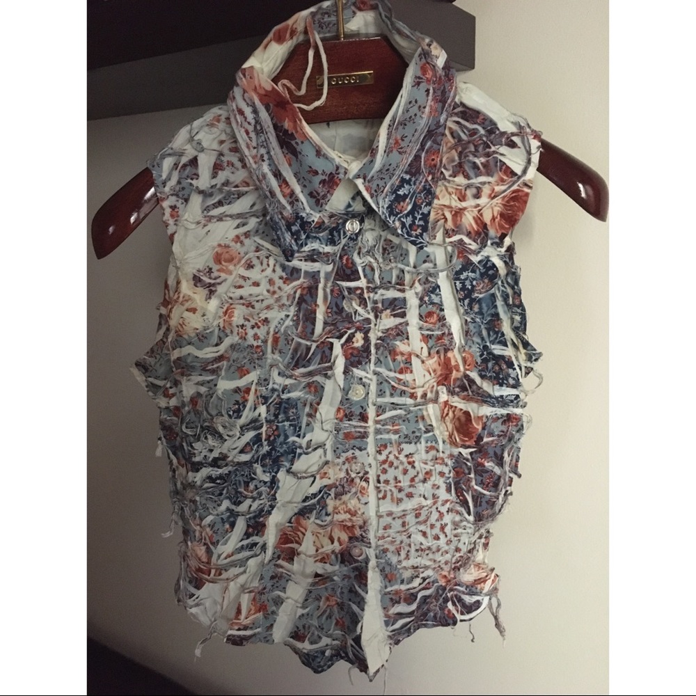 Flower Print Distressed Wrinkled Vest Button Down
